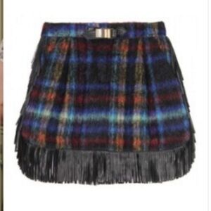 See By Chloe Multicolor Plaid Mini Skirt with Leather Fringe